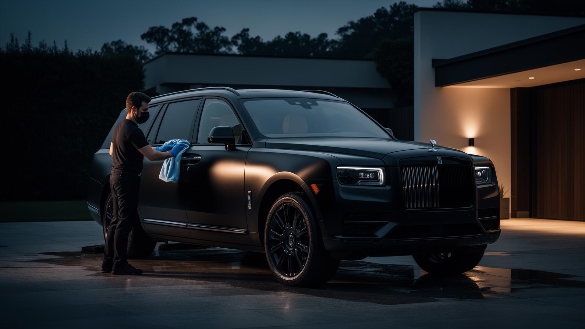 Luxury SUV being detailed at dusk
